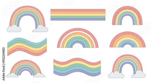 Vibrant rainbow illustrations set against a clean white background, showcasing various styles and viewpoints
