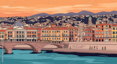 Scenic European city landscape featuring historic buildings along a river with an old stone bridge under a sunset sky.