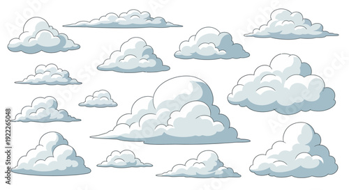 Collection of cartoon-style clouds in various shapes and sizes, viewed from a straightforward perspective, against a plain background, Whisk_217e3f7a0afc0d785af4a4481cccccd2dr.eps reference