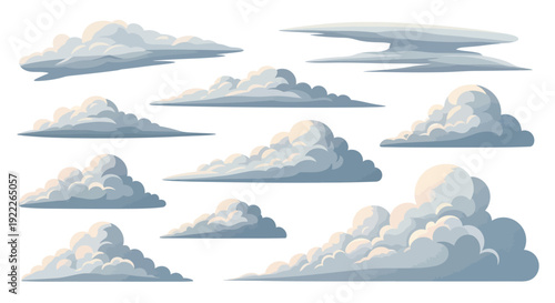 Collection of fluffy white clouds in various shapes and sizes floating in the air, illustrated in a graphic design style, Whisk eps file reference