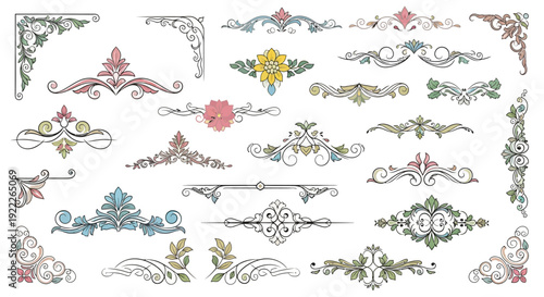 Assorted decorative elements, ornaments, and flourishes in various colors and designs, illustrations of flowers and leaves