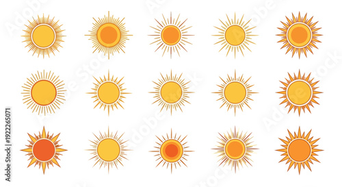 Collection of illustration suns in various orange hues arranged in a grid pattern on a clean background