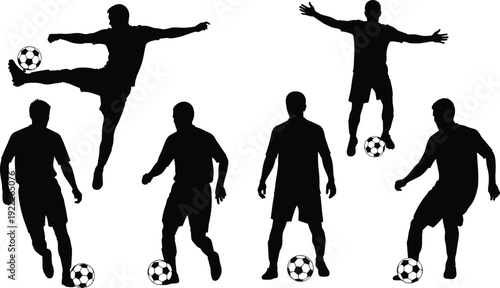 Soccer player silhouettes set, football athletes dribbling kicking jumping with ball isolated vector illustration collection