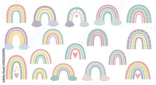 Collection of colorful rainbow illustrations with varied designs and pastel colors displayed together