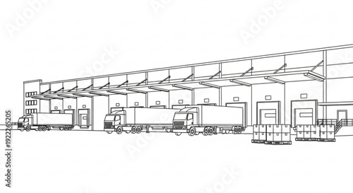 Industrial warehouse illustration showcasing logistics and transportation with trucks and containers from a side view