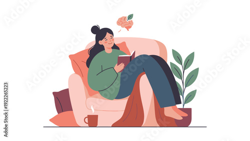 Woman enjoying a book in a cozy armchair with a warm drink and plant. Relaxation and mental growth concept.