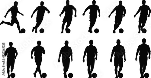 Soccer player dribbling silhouettes set, football athlete running with ball vector illustration isolated collection