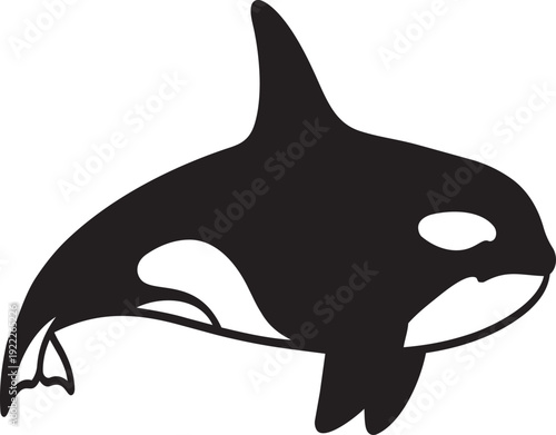 Vector illustration of a blue dolphin and black shark silhouette isolated on a white background featuring marine animals swimming in the deep blue ocean water