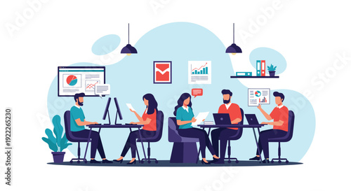 Group of diverse professionals working together in a modern co working space with laptops desks and data charts on walls.