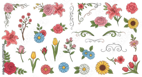 Assorted flowers and decorative elements arranged in a visually appealing graphic illustration