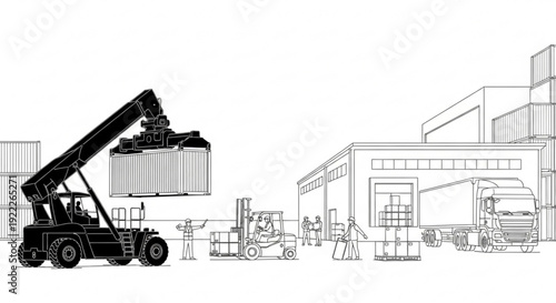 A forklift lifting a container in an industrial warehouse setting with various machinery and equipment present