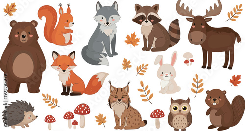 Cute autumn forest animals cartoon set with bear fox wolf raccoon owl and fall leaves cozy vector illustration for kids nursery and seasonal designs