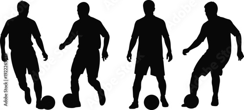 Soccer player dribbling ball silhouettes, football athlete controlling and standing with ball vector illustration isolated