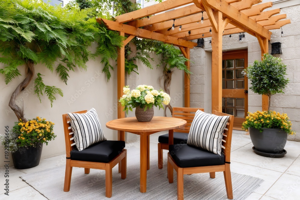 Fototapeta premium Patio relaxing area with wooden pergola and garden dining furniture