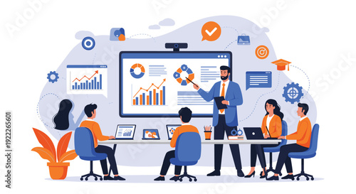 Business professional presenting data charts on a large digital screen to a team of employees during a corporate meeting.