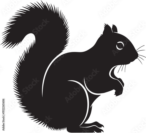 Cute cartoon vector illustration of a wild squirrel with a nut on a branch or white background featuring a black silhouette outline and furry tail as a nature rodent wildlife symbol