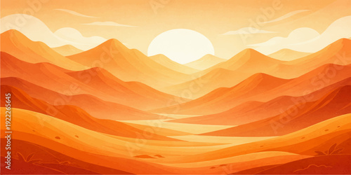 sunset landscape with desert and mountains silhouette