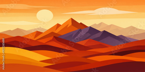 Desert and mountain sunset landscape with orange sky and silhouette hills