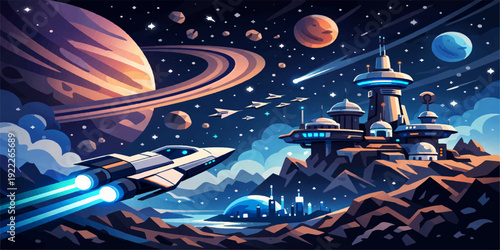 Space shuttle launch with spaceship near planet in starry sky