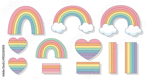 Vibrant Rainbow Icons and Hearts in a Whimsical Digital Illustration Set