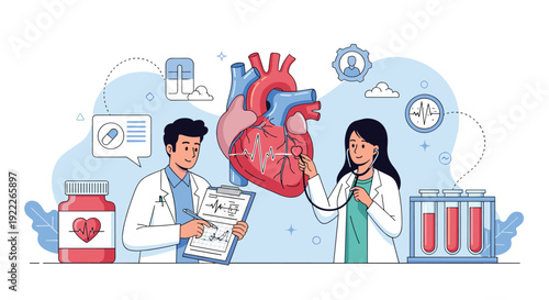 Medical team examining a large human heart model using a stethoscope and clipboard representing cardiology and healthcare.