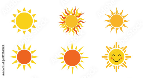 Collection of six different sun illustrations in various styles and emotions displayed together