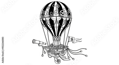 Detailed illustration of a vintage hot air balloon soaring through the sky with intricate design.