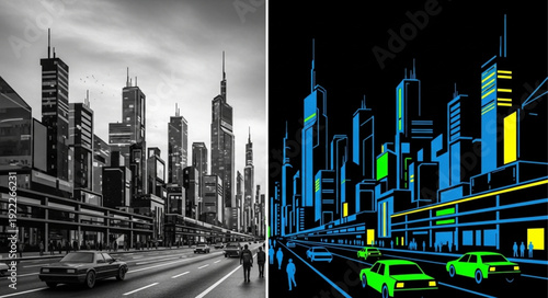 Cityscape contrast - Black and white versus vibrant neon urban scene.