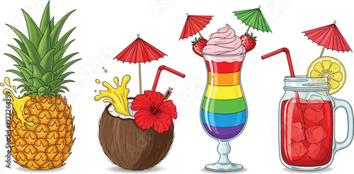 Tropical Summer Cocktails Set with Pineapple Coconut Drink Rainbow Layered Mocktail and Red Mason Jar Juice Vector Illustration on White Background