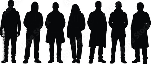 People standing in winter clothing silhouettes, men and women wearing hoodies coats vector illustration isolated collection