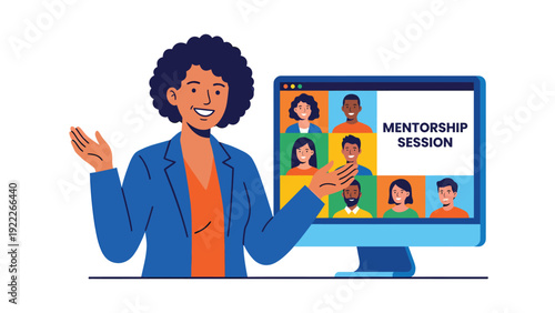 Woman Leading Virtual Online Mentorship Session with Diverse Participants on Video Call
