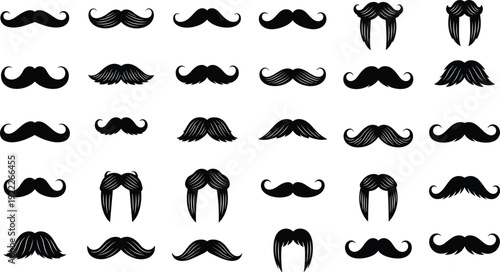 Mustache silhouette collection set, vintage curly handlebar beard styles vector illustration isolated on white background