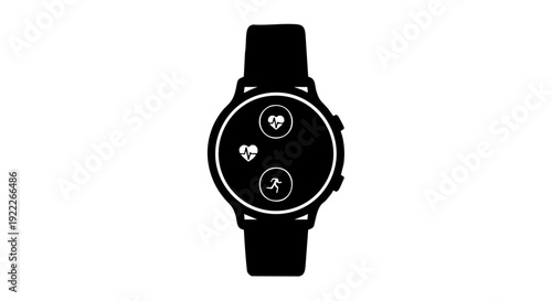 A smartwatch with health monitoring icons on a screen. The watch is black and has several health icons including a heart and running icon
