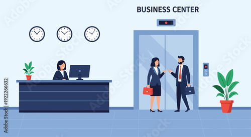 Modern business center lobby with a receptionist desk and people talking near an elevator in a professional office environment.