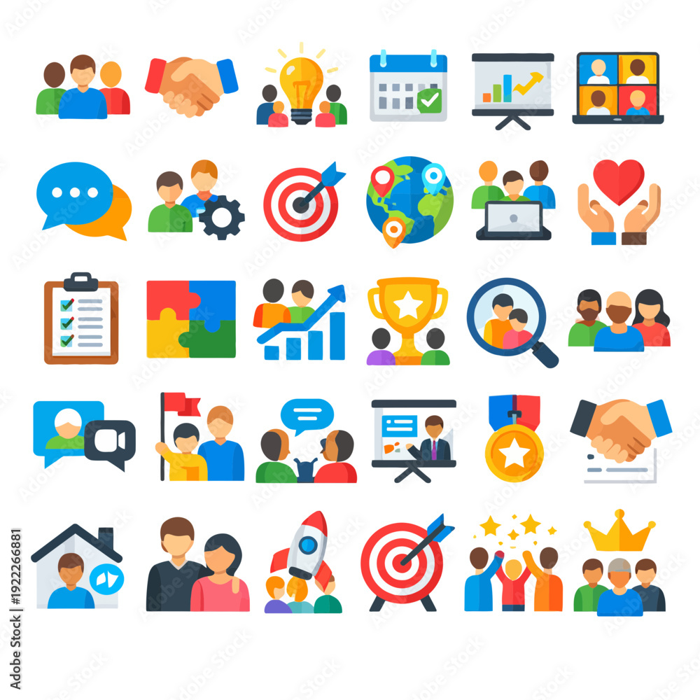Fototapeta premium Collection of diverse business and communication icons in a grid layout on a clean background