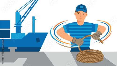 Maritime Worker Coiling Mooring Rope Near Cargo Ship - Shipping & Port Operations Illustration