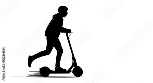 A silhouette of a person riding an electric scooter against a plain background. The person is in motion