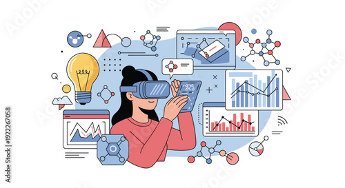 Woman using virtual reality glasses to analyze complex data charts and innovative ideas represented by a glowing light bulb.