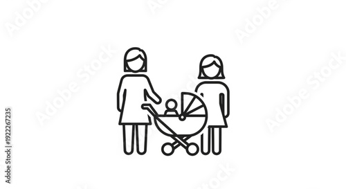 Two women standing beside a stroller with a baby inside, a heartwarming family scene from a straightforward viewpoint