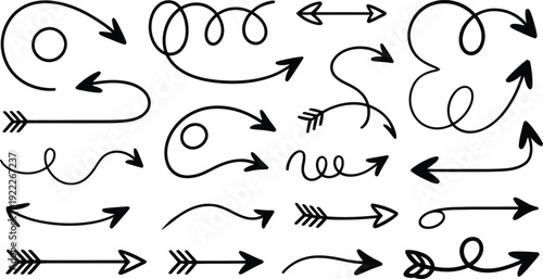 doodle arrows including curved swish spiral and feathered tribal pointers isolated on white background black vectors.