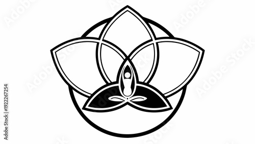 A serene lotus flower illustration with a person in meditation, symbolizing harmony and balance in a peaceful environment from a top viewpoint