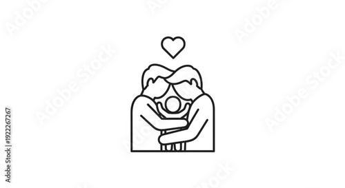 Illustration of two people hugging with a heart above symbolizing love and affection in a simple line art style