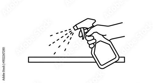 Hand holding spray bottle and spraying liquid onto a flat surface with simple black lines