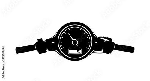 A classic motorbike's speedometer and handlebar silhouette in dark tones