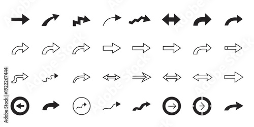 Collection of black and white arrow icons in various styles, including straight, curved, zigzag, and circular, perfect for web design and UI elements.
