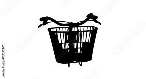 An illustrated black silhouette of a bicycle with a basket