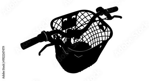 A close-up view of a bicycle basket silhouette, with handle bars and brake levers. Simple lines and curves form this image.