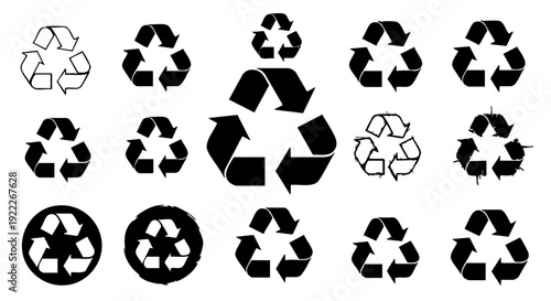 A variety of different recycle symbol icons arranged to express environmental consciousness and sustainability. The black and white symbols highlight the importance of recycling for a cleaner planet