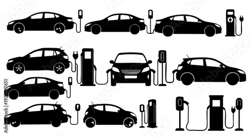 A collection of electric vehicles charging at stations, illustrating eco-friendly transportation and clean energy concepts