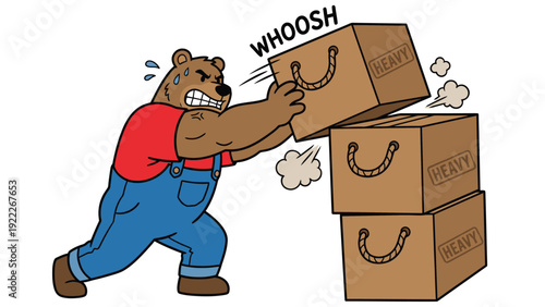 Cartoon bear struggling to stack heavy boxes. Hard work, physical effort, and moving challenge concept.